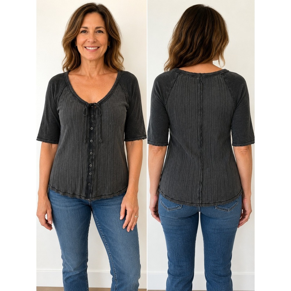 FREE PEOPLE Women's Faded Black Short Sleeve Snap Front Short Sleeve Shirt XS